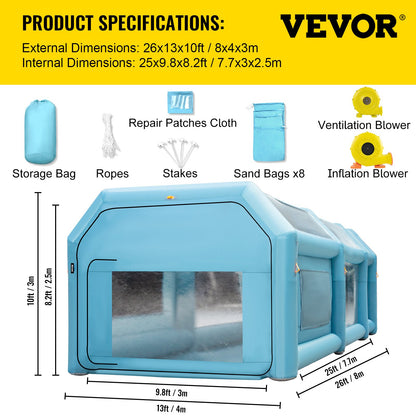 Bärbar uppblåsbar målarbox, 792,48 x 457,2 x 304,8 cm uppblåsbar sprutbox, billackeringstält med luftfiltersystem och 2 blåsmaskiner, uppgraderat uppblåsbart sprutboxstält, arbetsstation för billackering, parkeringsgarage