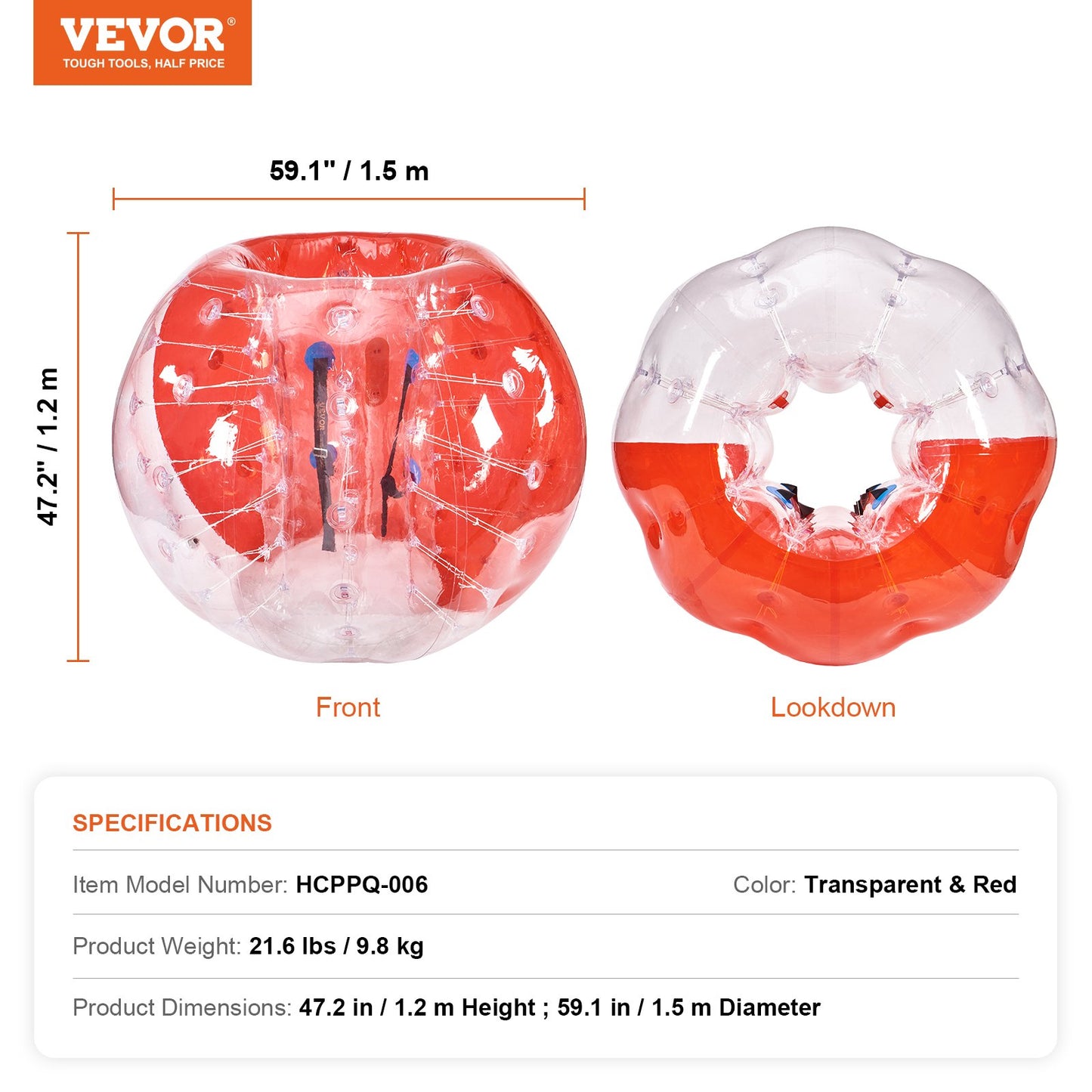 Uppblåsbar Bumper Ball 1-pack, 5FT/1.5M Body Sumo Zorb-bollar för tonåringar och vuxna, 0.8mm tjocka PVC-mänskliga hamsterbubbelbollar för utomhuslek, Bumper Bopper-leksaker för trädgård, gård, park
