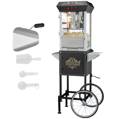 Popcornmaskin med vagn, 850W popcornmaskin, 225 ml vattenkokare ger 48 koppar per sats, popcornmaskin utrustad med härdat glas, inkluderar 4 skopor, biostil, svart