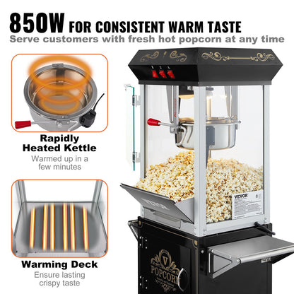 Popcornmaskin med vagn, 850W popcornmaskin, 225 ml vattenkokare ger 48 koppar per sats, popcornmaskin utrustad med härdat glas, inkluderar 4 skopor, biostil, svart