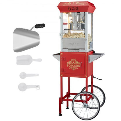 Popcornmaskin med vagn, 850W popcornmaskin, 225 ml vattenkokare ger 48 koppar per sats, popcornmaskin utrustad med härdat glas, inkluderar 4 skopor, biostil, röd