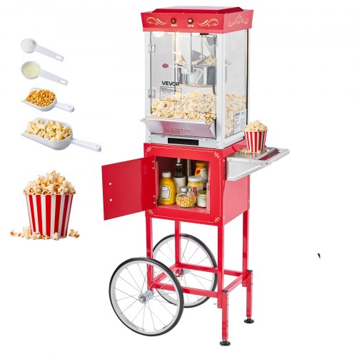 Popcornmaskin med vagn, 0,2 kg vattenkokare i rostfritt stål, 800 W kommersiell popcornmaskin, 48 koppar per sats, popper i teaterstil, med 2-knappskontroll, glasvägg, PC-dörr, 1 skopa, 3 skedar, röd