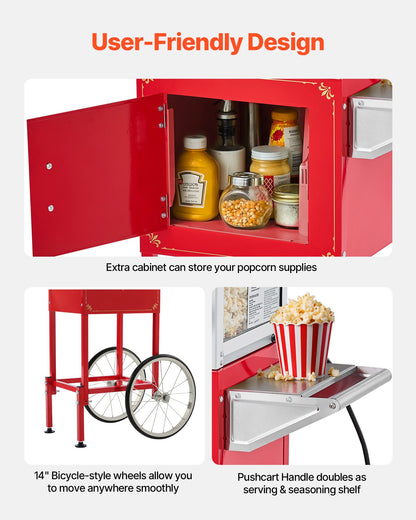 Popcornmaskin med vagn, 0,2 kg vattenkokare i rostfritt stål, 800 W kommersiell popcornmaskin, 48 koppar per sats, popper i teaterstil, med 2-knappskontroll, glasvägg, PC-dörr, 1 skopa, 3 skedar, röd