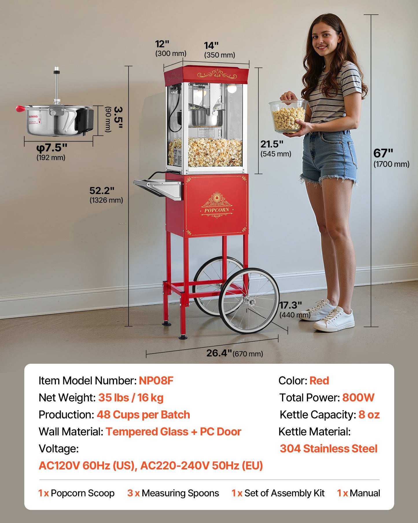 Popcornmaskin med vagn, 0,2 kg vattenkokare i rostfritt stål, 800 W kommersiell popcornmaskin, 48 koppar per sats, popper i teaterstil, med 2-knappskontroll, glasvägg, PC-dörr, 1 skopa, 3 skedar, röd