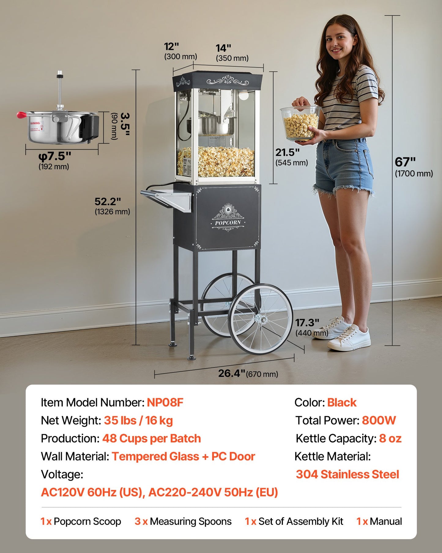 Popcornmaskin med vagn, 0,2 kg vattenkokare i rostfritt stål, 800 W kommersiell popcornmaskin, 48 koppar per sats, popper i teaterstil, med 2-knappskontroll, glasvägg, PC-dörr, 1 skopa, 3 skedar, svart