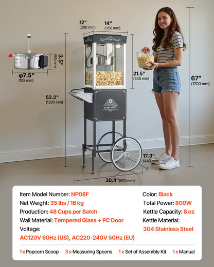 Popcornmaskin med vagn, 0,2 kg vattenkokare i rostfritt stål, 800 W kommersiell popcornmaskin, 48 koppar per sats, popper i teaterstil, med 2-knappskontroll, glasvägg, PC-dörr, 1 skopa, 3 skedar, svart