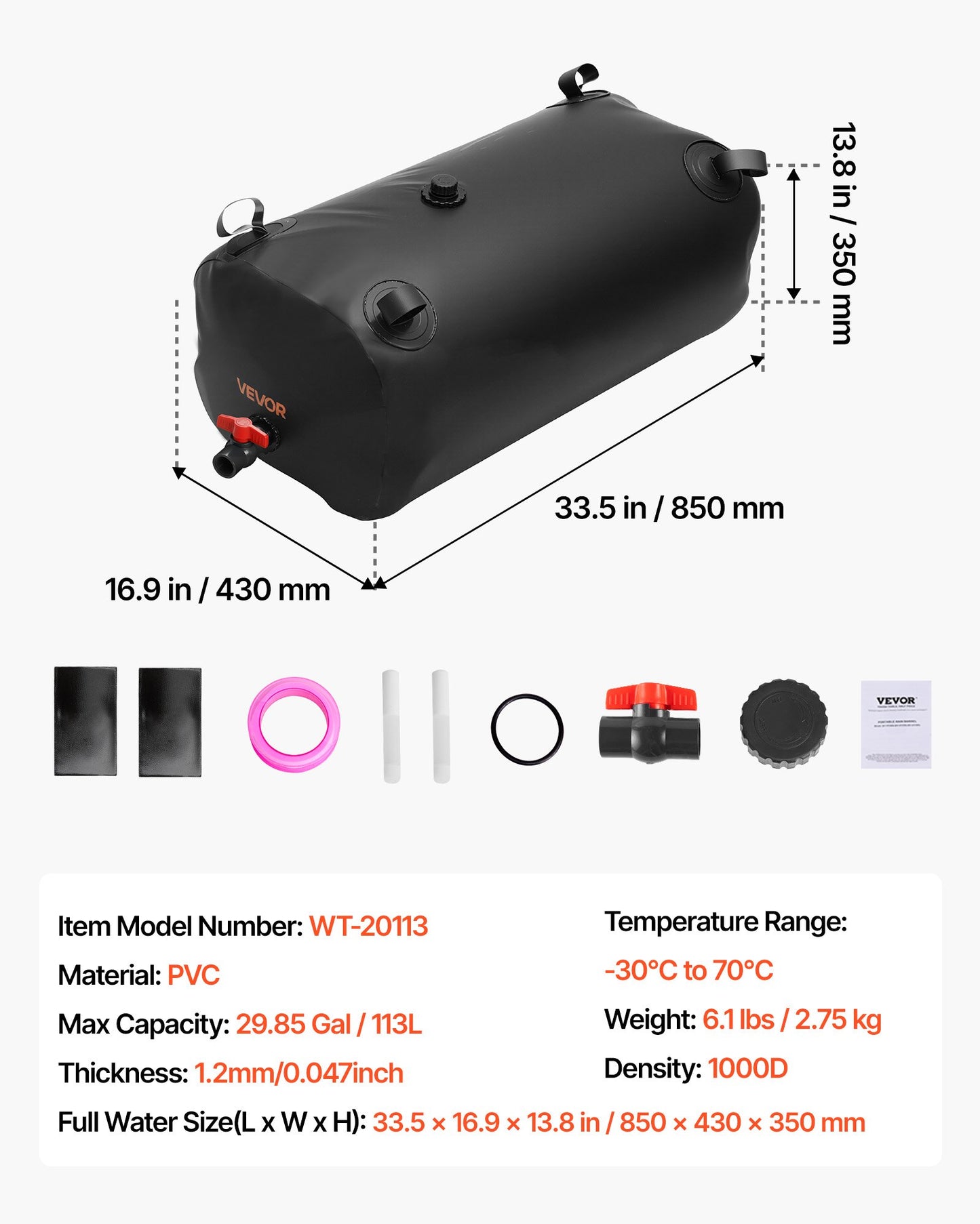 Vattenlagringsblåsa, 113L vattenlagringsbehållare, 1000D PVC förtjockad mjuk påseblåsa, hopfällbar och bärbar för trädgårdsbevattning, camping, husbilar, nödanvändning - svart
