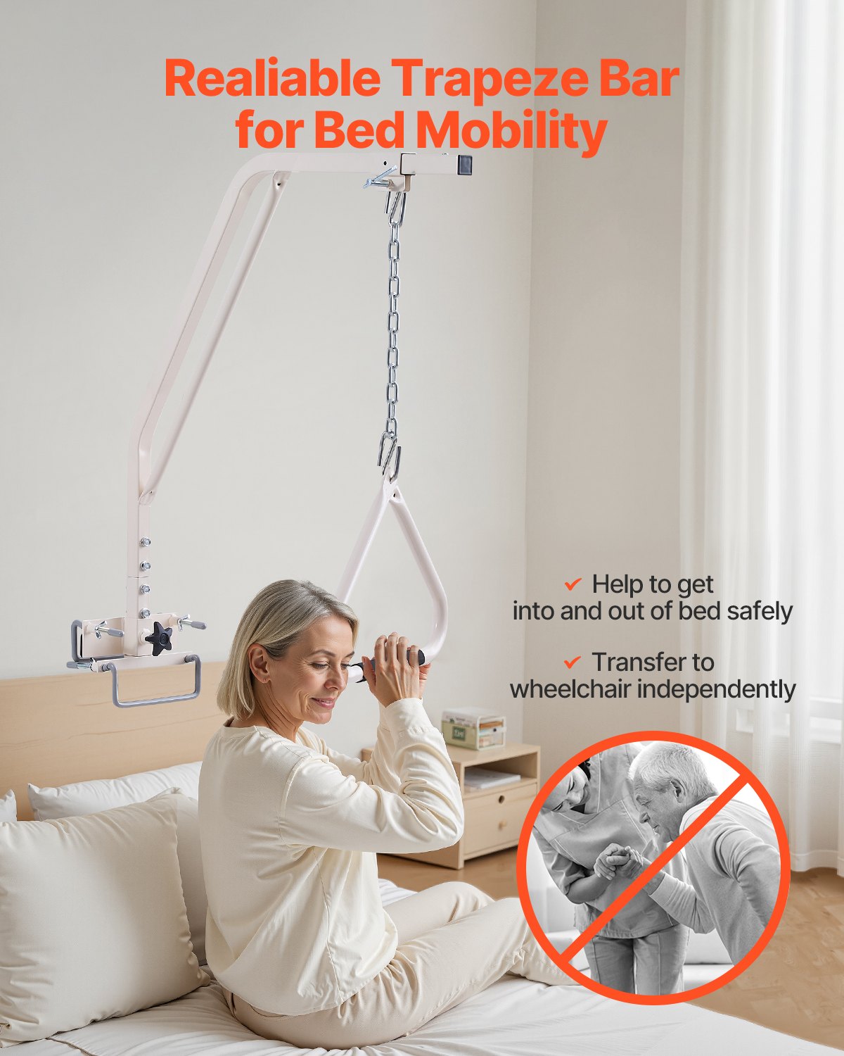 Trapetsstång för sängmobilitet, medicinsk sängtrapets med klämmor och metallkedja, viktkapacitet 250 kg pull up-stång för äldre och funktionshindrade, idealisk för hemsjukvård, sjukhus, vårdhem