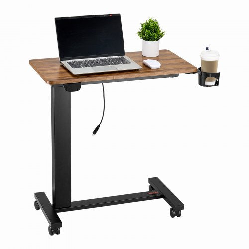 Översängsbord, mobilt sängbord med 4 hjul, elektrisk lyft med uppgraderingsknapp, rullande laptopskrivbord med mugghållare, höjdjusterbart översängsskrivbord för hem, kontor, studier, trä+svart