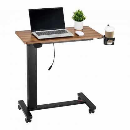Översängsbord, mobilt sängbord med 4 hjul, elektrisk lyft med uppgraderingsknapp, rullande laptopskrivbord med mugghållare, höjdjusterbart översängsskrivbord för hem, kontor, studier, trä+svart