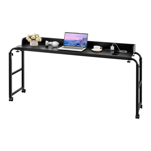 Overbed Table, Mobile Bed Side Table with 4 Wheels (2 with Brakes) and Power Socket, Height Adjustable Rolling Laptop Desk, Portable Particleboard Over Bed Desk for Home, Office, Study, Black