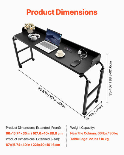 Overbed Table, Mobile Bed Side Table with 4 Wheels (2 with Brakes) and Power Socket, Height Adjustable Rolling Laptop Desk, Portable Particleboard Over Bed Desk for Home, Office, Study, Black