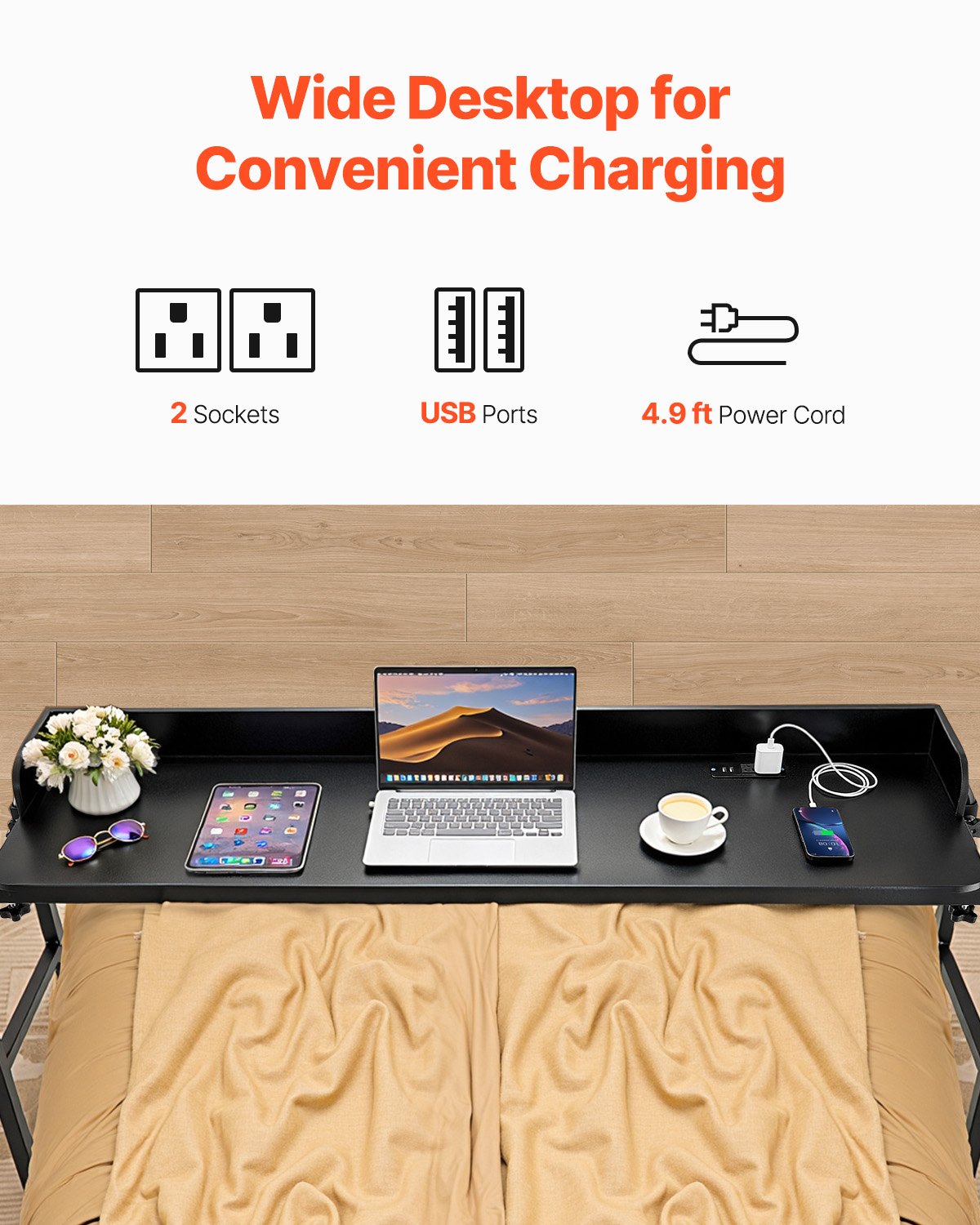 Overbed Table, Mobile Bed Side Table with 4 Wheels (2 with Brakes) and Power Socket, Height Adjustable Rolling Laptop Desk, Portable Particleboard Over Bed Desk for Home, Office, Study, Black