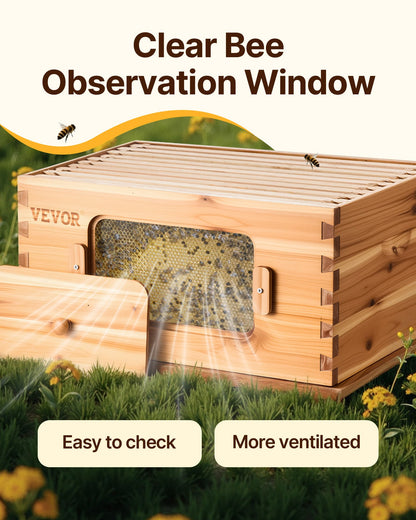 Bee Hive 20-rams bikupor startpaket, bivaxbelagt gran, 1 djup + 1 medelstor bilåda Langstroth bikupa kit, transparenta akrylfönster med fundament för nybörjare, professionella biodlare