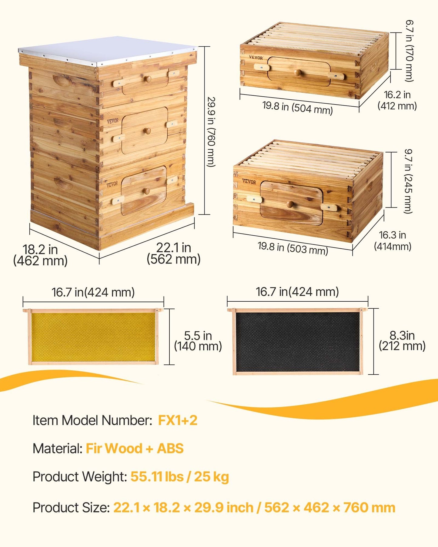 Bee Hive 30-rams bikupor startpaket, bivaxbelagt granträ, 2 djupa + 1 medelstora bikupor Langstroth bikupesats, transparenta akrylfönster med fundament för nybörjare och professionella biodlare