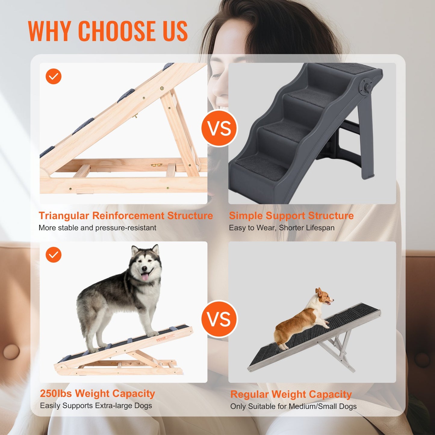Dog Ramp, Folding Pet Ramp for Bed, Adjustable Dog Ramp for Small, Large, Old Dogs & Cats, Wooden Pet Ramp with 105 cm Long Ramp, Adjustable from 35 cm to 65 cm, Suitable for Couch, Sofa, Car