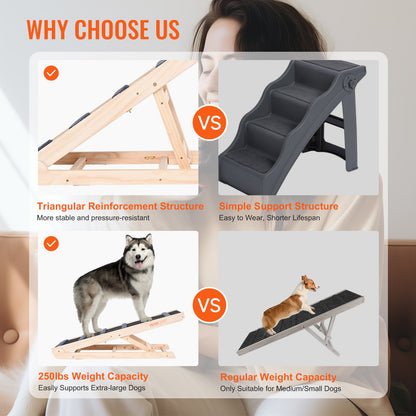 Dog Ramp, Folding Pet Ramp for Bed, Adjustable Dog Ramp for Small, Large, Old Dogs & Cats, Wooden Pet Ramp with 105 cm Long Ramp, Adjustable from 35 cm to 65 cm, Suitable for Couch, Sofa, Car