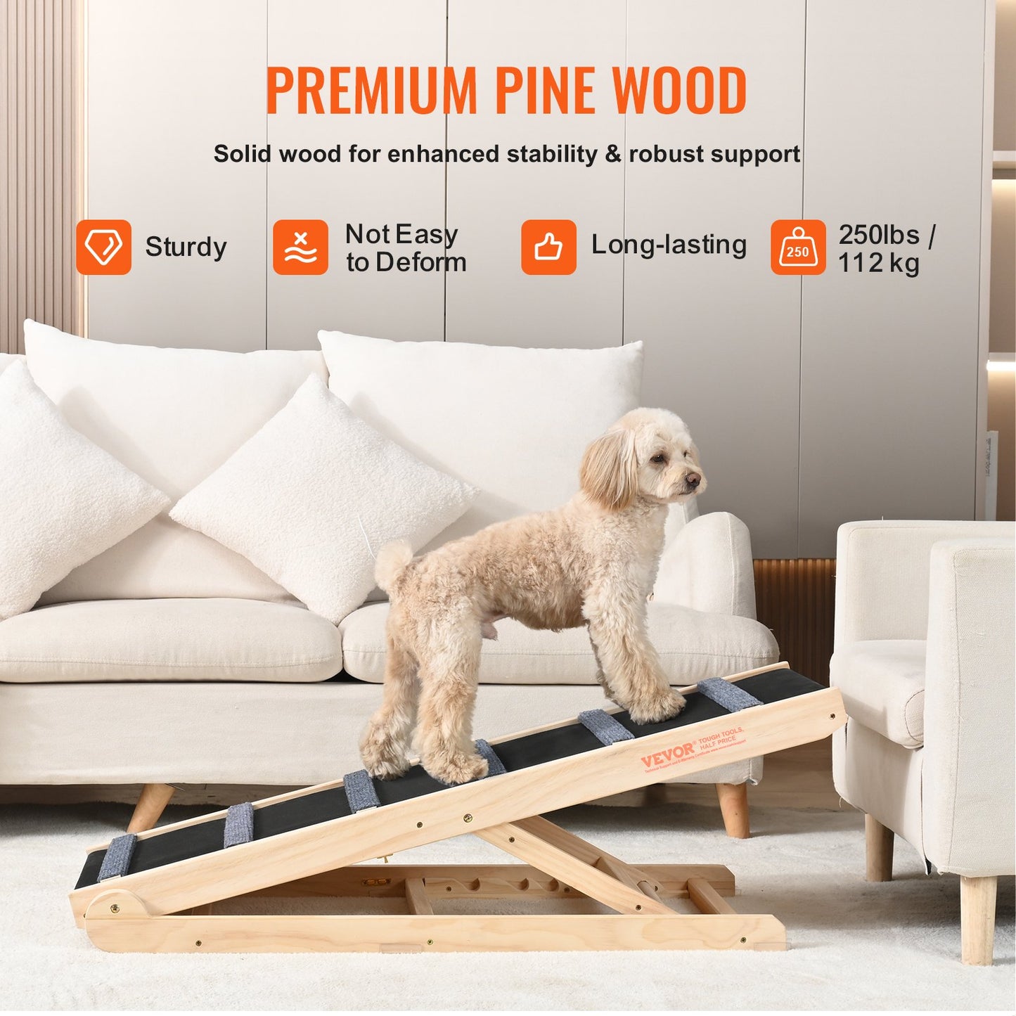 Dog Ramp, Folding Pet Ramp for Bed, Adjustable Dog Ramp for Small, Large, Old Dogs & Cats, Wooden Pet Ramp with 105 cm Long Ramp, Adjustable from 35 cm to 65 cm, Suitable for Couch, Sofa, Car