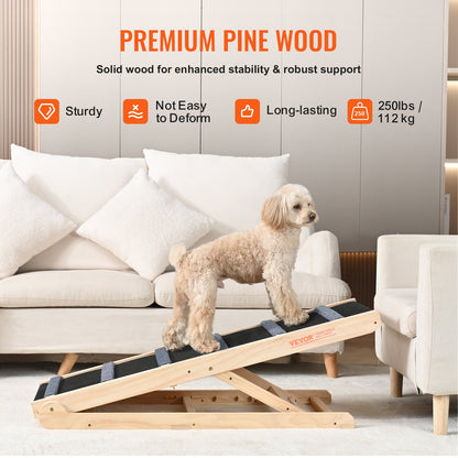 Dog Ramp, Folding Pet Ramp for Bed, Adjustable Dog Ramp for Small, Large, Old Dogs & Cats, Wooden Pet Ramp with 105 cm Long Ramp, Adjustable from 35 cm to 65 cm, Suitable for Couch, Sofa, Car