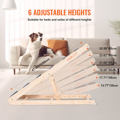Dog Ramp, Folding Pet Ramp for Bed, Adjustable Dog Ramp for Small, Large, Old Dogs & Cats, Wooden Pet Ramp with 105 cm Long Ramp, Adjustable from 35 cm to 65 cm, Suitable for Couch, Sofa, Car