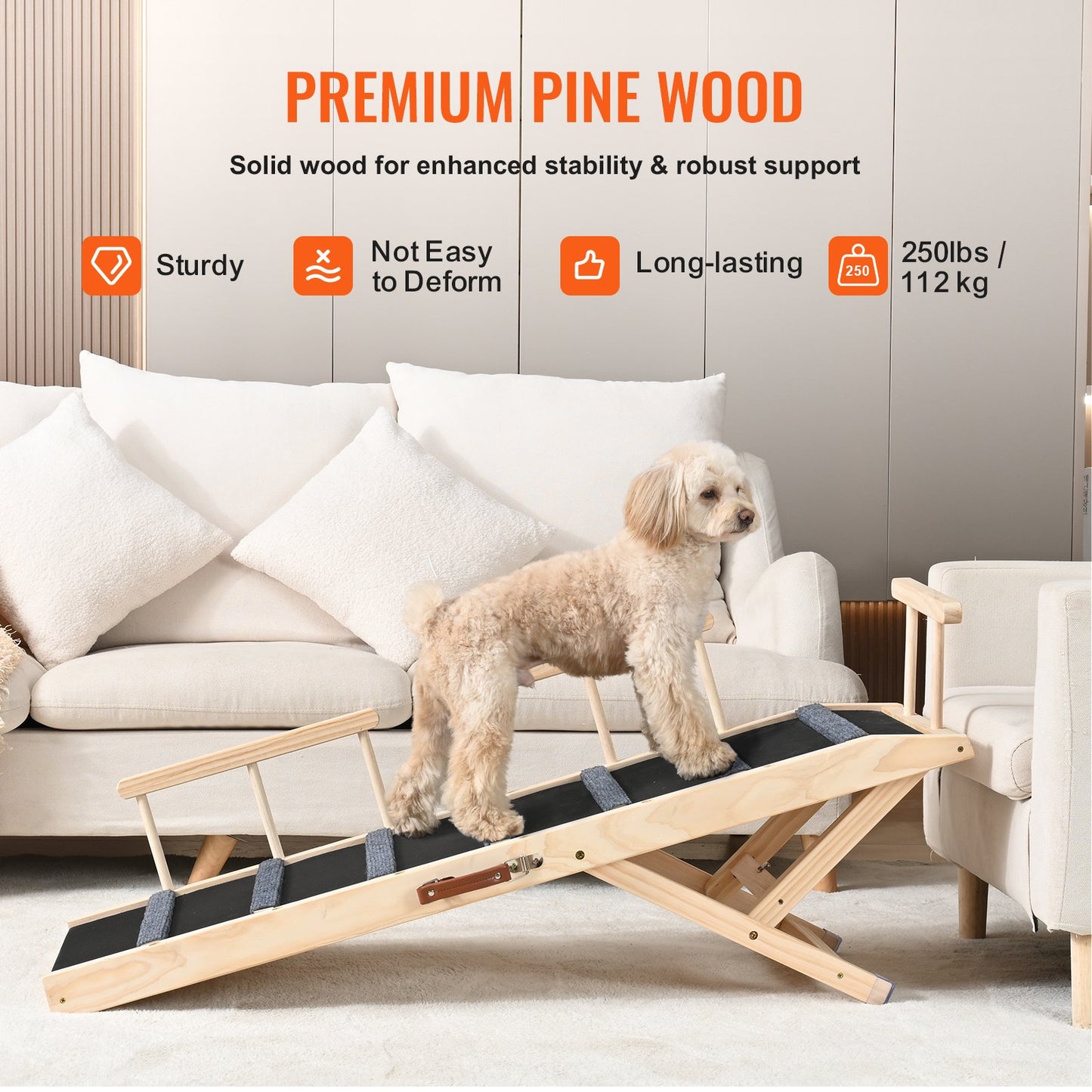 Dog Ramp, Folding Pet Ramp for Bed, Adjustable Dog Ramp for Small, Large, Old Dogs & Cats, Wooden Pet Ramp with 120 cm Long Ramp, Adjustable from 35 cm to 70 cm, Suitable for Couch, Sofa, Car