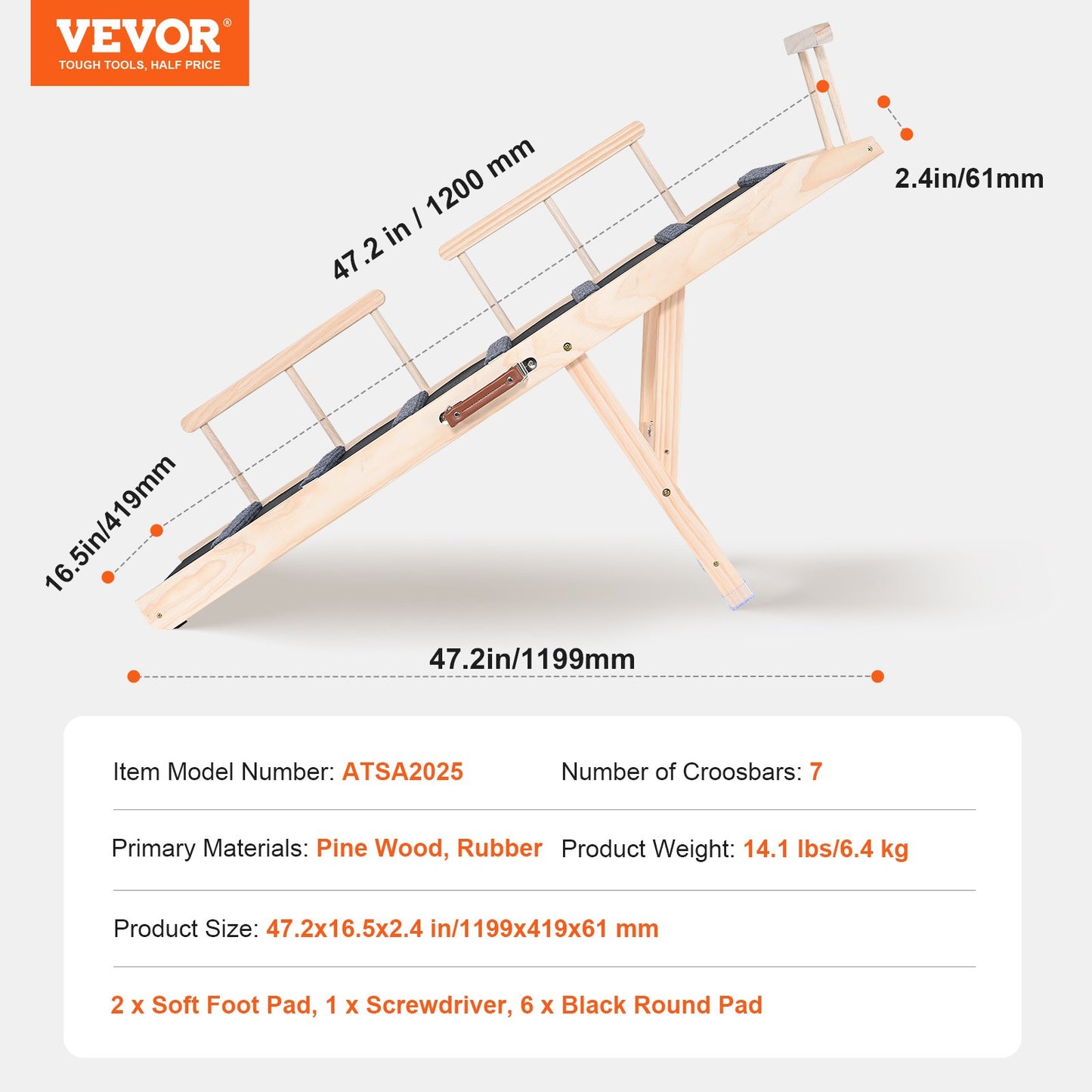 Dog Ramp, Folding Pet Ramp for Bed, Adjustable Dog Ramp for Small, Large, Old Dogs & Cats, Wooden Pet Ramp with 120 cm Long Ramp, Adjustable from 35 cm to 70 cm, Suitable for Couch, Sofa, Car