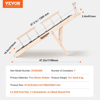 Dog Ramp, Folding Pet Ramp for Bed, Adjustable Dog Ramp for Small, Large, Old Dogs & Cats, Wooden Pet Ramp with 120 cm Long Ramp, Adjustable from 35 cm to 70 cm, Suitable for Couch, Sofa, Car