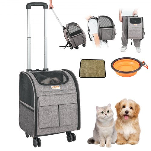 Kattbur med hjul, rullande husdjursbur med teleskophandtag och axelrem, hundbur med hjul för husdjur under 13,5 kg, med 1 hopfällbar skål, grå