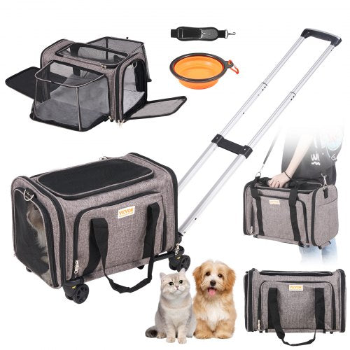 Kattbur med hjul, flygbolagsgodkänd rullande husdjursbur med teleskophandtag och axelrem, hundbur med hjul för husdjur under 11,5 kg, med 1 hopfällbar skål, grå