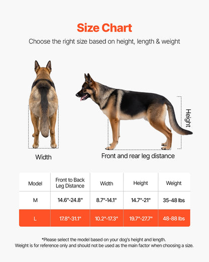 Hundrullstol för bakben, lätt 2-hjulig husdjursrullstol, justerbar i höjd, bredd och längd, hundvagn med stötdämpande hjul, för skadade, funktionshindrade hundar 21,7-39,9 kg, stor