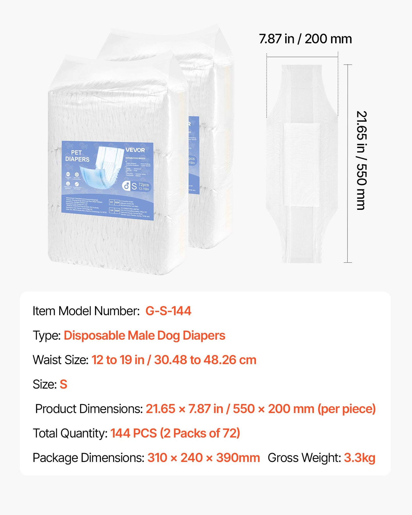 Engångsblöjor för hanhundar, superabsorberande blöjor för hanhundar, 360° läckagesäkra magblöjor med våtindikator för hundar i löp, träning, inkontinens - S, 144 st (2 förpackningar med 72)