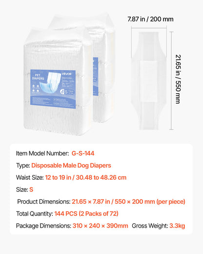 Engångsblöjor för hanhundar, superabsorberande blöjor för hanhundar, 360° läckagesäkra magblöjor med våtindikator för hundar i löp, träning, inkontinens - S, 144 st (2 förpackningar med 72)