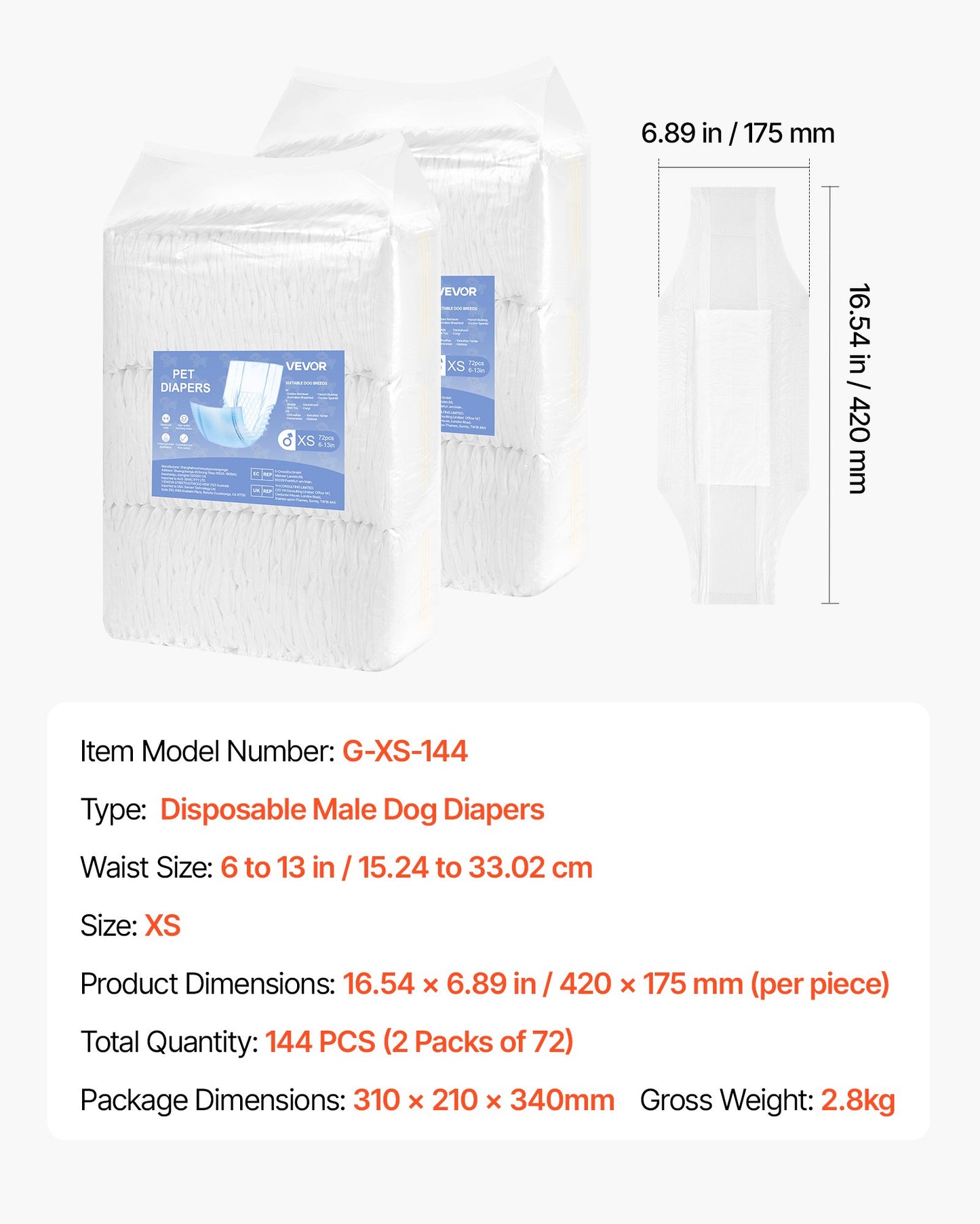 Engångsblöjor för hanhundar, superabsorberande blöjor för hanhundar, 360° läckagesäkra magblöjor med våtindikator för hundar i löp, träning, inkontinens - XS, 144 st (2 förpackningar med 72)