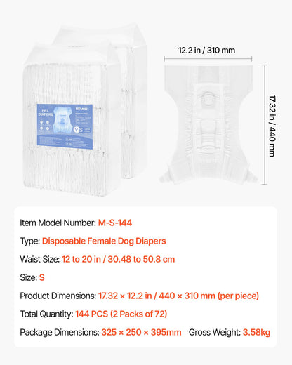 Engångsblöjor för hundar, superabsorberande blöjor för tikhundar, 360° läckagesäker blöja för tikhundar med våtindikator för löpperioder, träning, inkontinens - S, 144 st (2 förpackningar med 72)