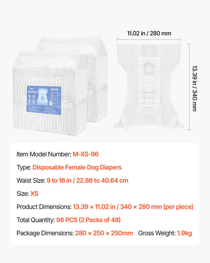 Engångsblöjor för hundar, superabsorberande blöjor för tikhundar, 360° läckagesäker blöja för tikhundar med våtindikator för löpperioder, träning, inkontinens - XS, 96 st (2 förpackningar med 48)
