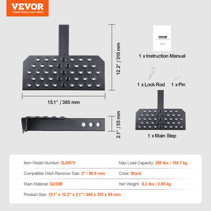 Dragkrok för 5 cm fäste, stark stålkonstruktion med 165 kg lastkapacitet, bakre stötfångarskydd med låsstift, universell passform för lastbil, SUV, pickup, släpvagn