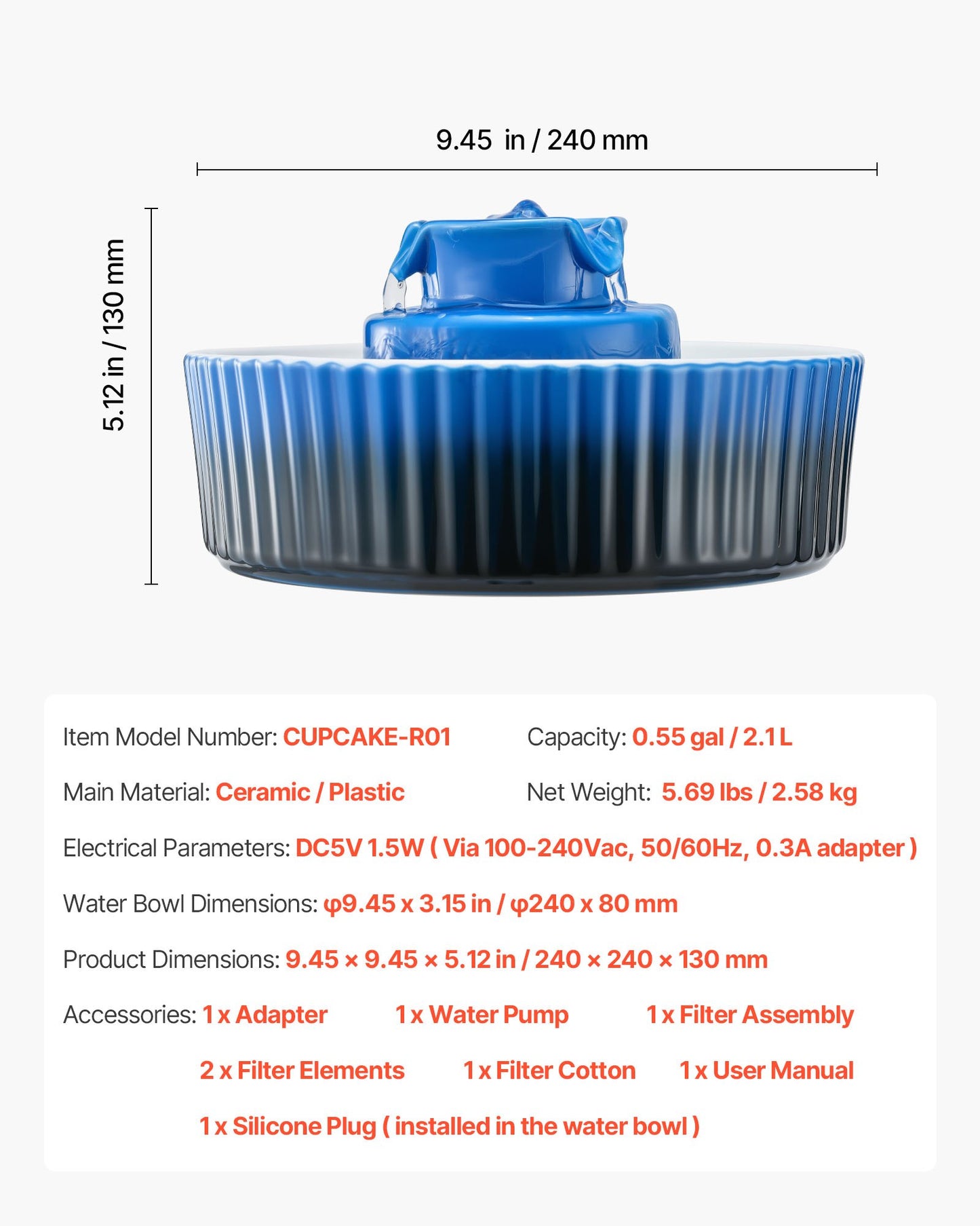 Keramisk kattfontän, 2,1 l Cupcake-fontän för husdjur, porslinsvattendispenser för katter med ultratyst pump, 360° drickyta och flerskiktsfiltreringssystem, för katter och hundar att dricka (blå)