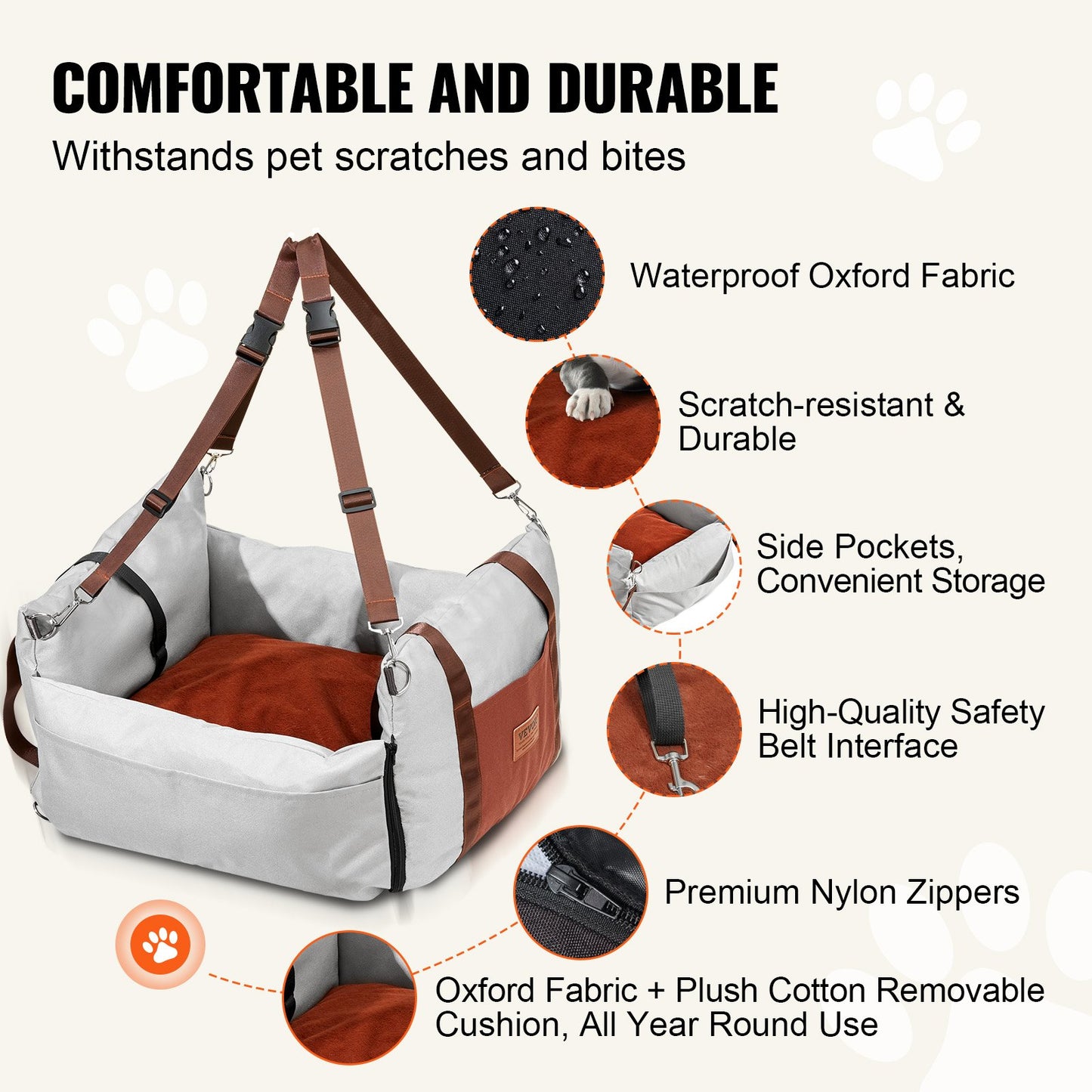 Dog Car Seat, Waterproof Dog Booster Seat for Car with Side Handles and A Storage Pocket, Clip-On Safety Leash and PP Cotton Filling, Dog Car Bed for Small Dog up to 25lbs, Gray