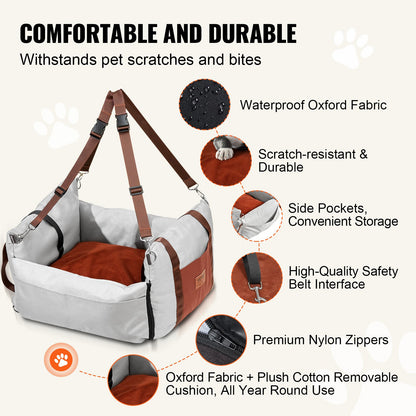Dog Car Seat, Waterproof Dog Booster Seat for Car with Side Handles and A Storage Pocket, Clip-On Safety Leash and PP Cotton Filling, Dog Car Bed for Small Dog up to 25lbs, Gray