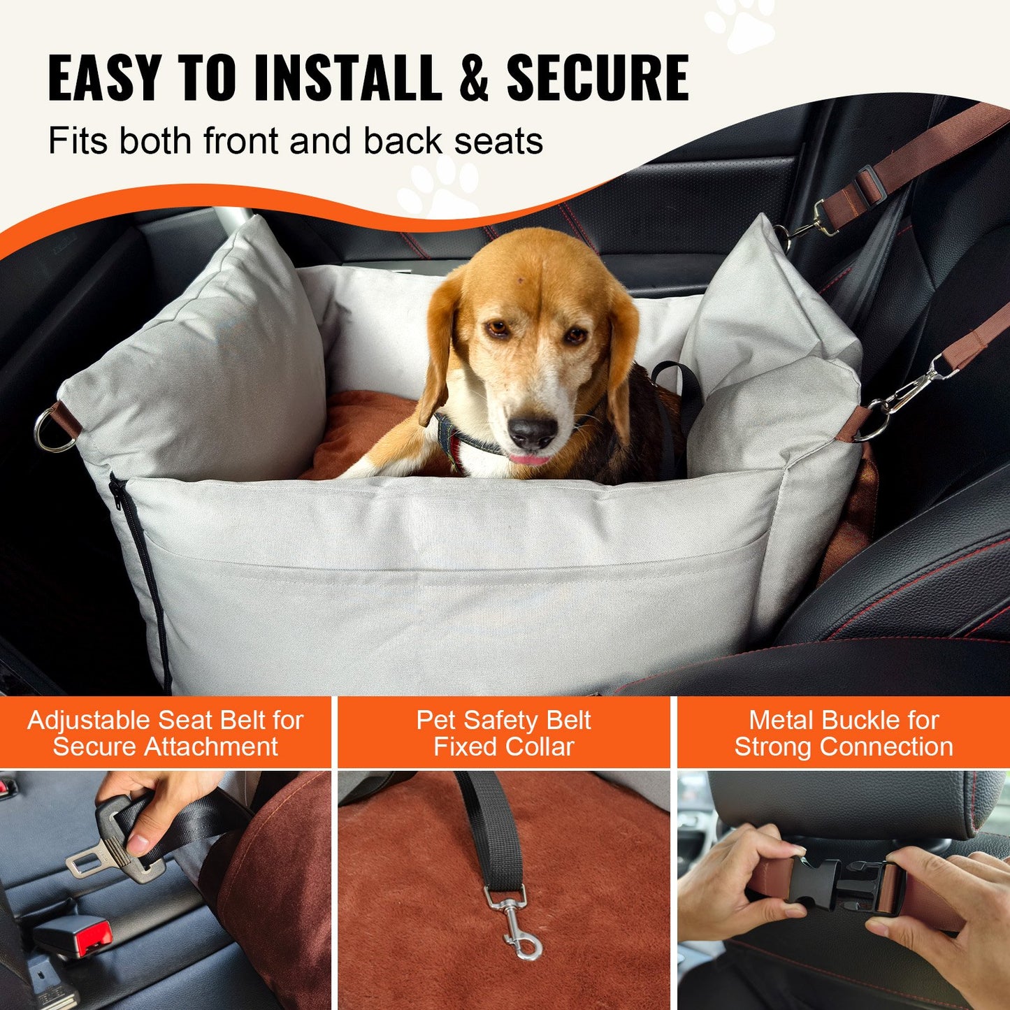 Dog Car Seat, Waterproof Dog Booster Seat for Car with Side Handles and A Storage Pocket, Clip-On Safety Leash and PP Cotton Filling, Dog Car Bed for Small Dog up to 25lbs, Gray