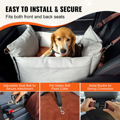 Dog Car Seat, Waterproof Dog Booster Seat for Car with Side Handles and A Storage Pocket, Clip-On Safety Leash and PP Cotton Filling, Dog Car Bed for Small Dog up to 25lbs, Gray