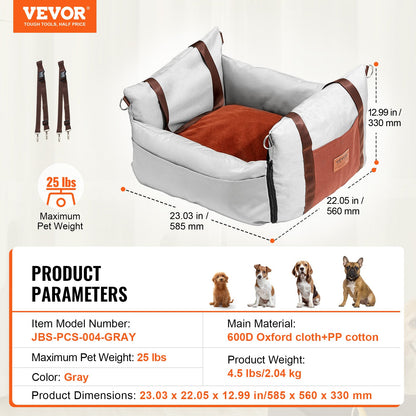 Dog Car Seat, Waterproof Dog Booster Seat for Car with Side Handles and A Storage Pocket, Clip-On Safety Leash and PP Cotton Filling, Dog Car Bed for Small Dog up to 25lbs, Gray