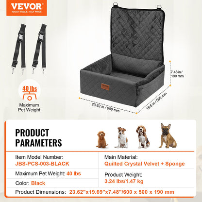 Dog Car Seat, Dog Booster Seat for Car with A Storage Pocket, Clip-On Safety Leash, Sponge and PP Cotton Filling, Dog Car Bed for Small & Medium Dog up to 40lbs, Black