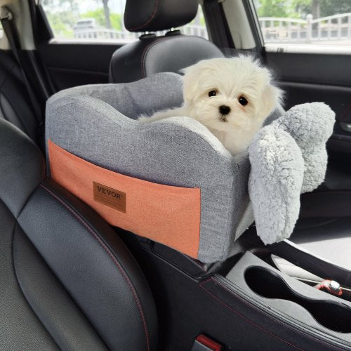 Konsolbilsstol för hund, mittkonsol för hundbälte för liten hund, bilbarnstol för armstöd i bilen med clip-on koppel, justerbara remmar, stöder upp till 3,6 kg, mörkgrå