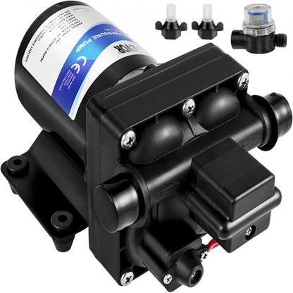 Färskvattenpump, 12 V självsugande sprutpump, 11 l/min (3 GPM) husbilsvattenpump, med tryckbrytare 3,8 bar (55 PSI) självsugande vattenpump, avtagbar sil 12 V membranpump, för husbil, husbil, marin, båt, gräsmatta