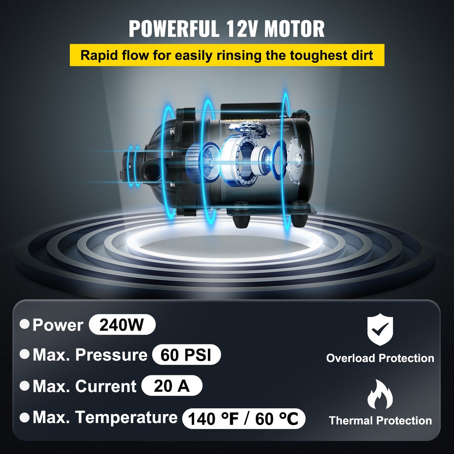 Washdown Pump, 12V DC, 26 L/min(7 GPM) 4 bar(60 PSI), Max. 3 m(10 FT) Lift Self Priming Water Pump, with EPDM Valve, Universal Salt Water Strainer & Female/Male Thread, for RV, Marine Deck, Yacht