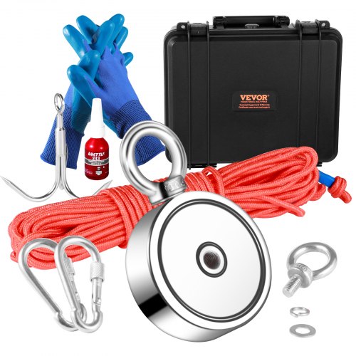 Magnetfiskesats, 544,3 kg dragkraft, dubbelsidiga fiskemagneter, 7,5 cm diameter magnet med rep, gripkrok, handskar, vattentätt fodral, gänglåsning, öglebult, för fiske