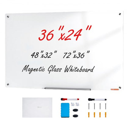 Magnetisk whiteboardtavla i glas, whiteboardtavla 900 x 600 mm, väggmonterad stor vit glastavla utan ram, med tuschbricka, suddgummi och 2 tuschpennor, vit