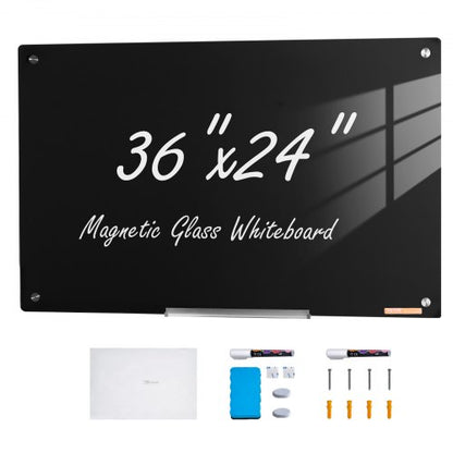 Magnetisk whiteboardtavla i glas, whiteboardtavla 86 x 61 cm, väggmonterad, stor vit glastavla utan ram, med tuschbricka, suddgummi och 2 tuschpennor, svart