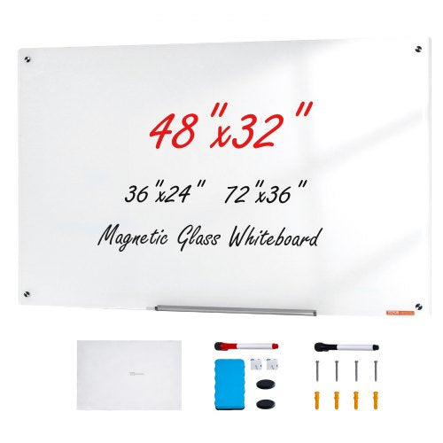 Magnetisk whiteboardtavla i glas, whiteboardtavla 1200 x 800 mm, väggmonterad stor vit glastavla utan ram, med tuschbricka, suddgummi och 2 tuschpennor, vit